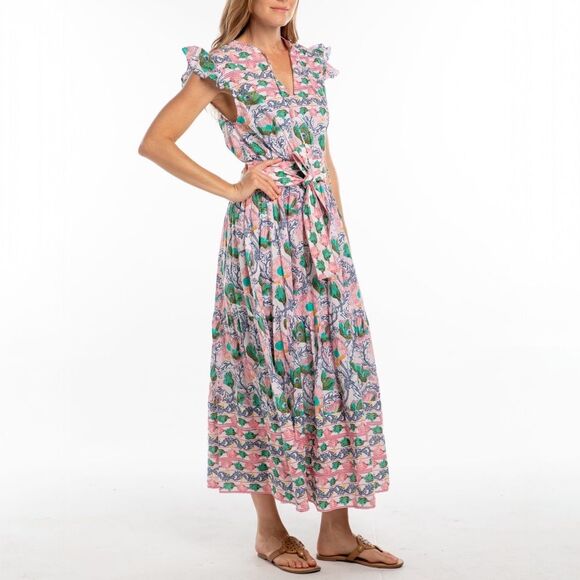 NWT Bindu Anika Dress Pink Multi Floral Ruffle Sleeve Maxi Boho Resort Sz Medium - Picture 10 of 15